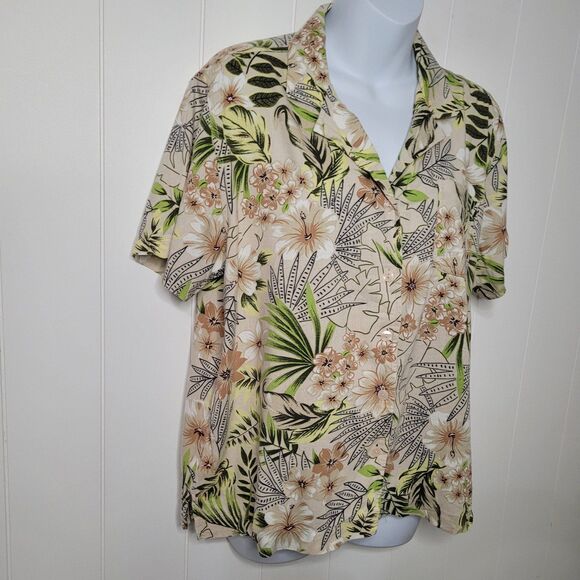 Erika Top Womens Medium Tropical Hawaiian Tan Green Button Up Short Sleeve - Picture 2 of 7